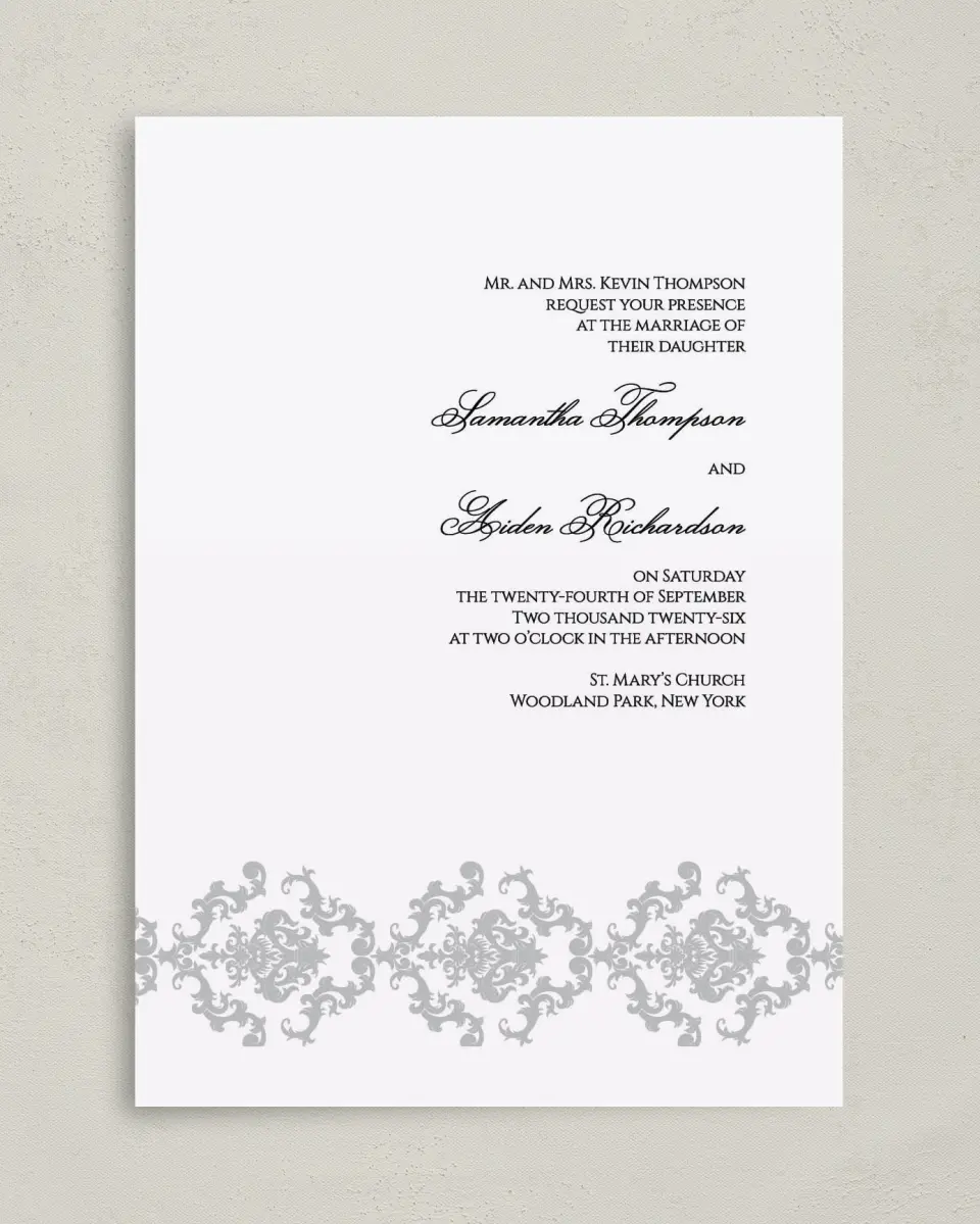 This is a 5" x 7" Classic Wedding Invitation called Damask Elegance printed in full color with Gold foil on Luxe Satin (coated) paper