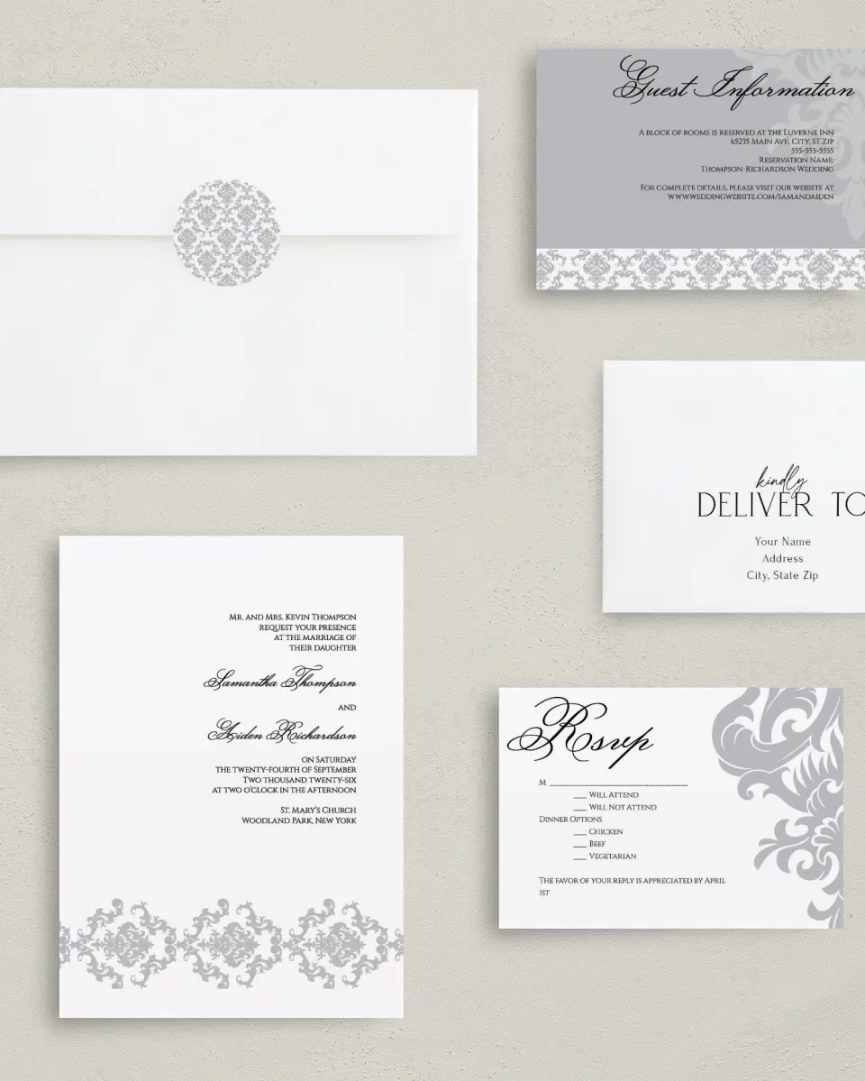 This is a 5" x 7" Classic Wedding Invitation called Damask Elegance printed in full color with Gold foil on Luxe Satin (coated) paper