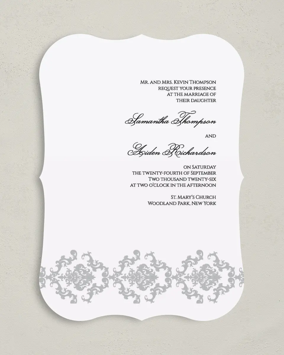 This is a 5" x 7" Bracket Wedding Invitation called Damask Elegance printed in full color on Premium Smooth paper