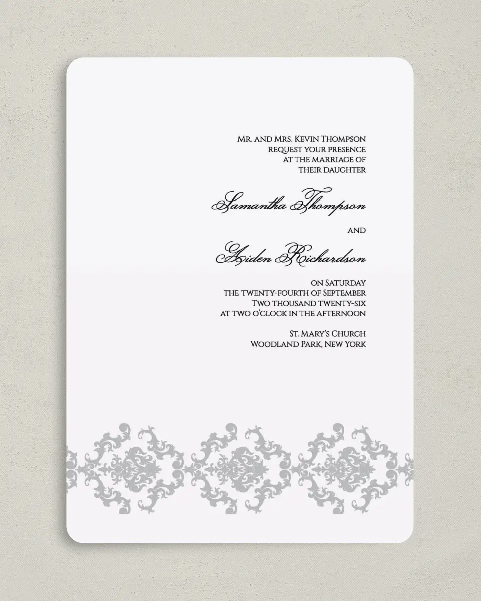 This is a 5" x 7" Rounded Wedding Invitation called Damask Elegance printed in full color on Premium Smooth paper