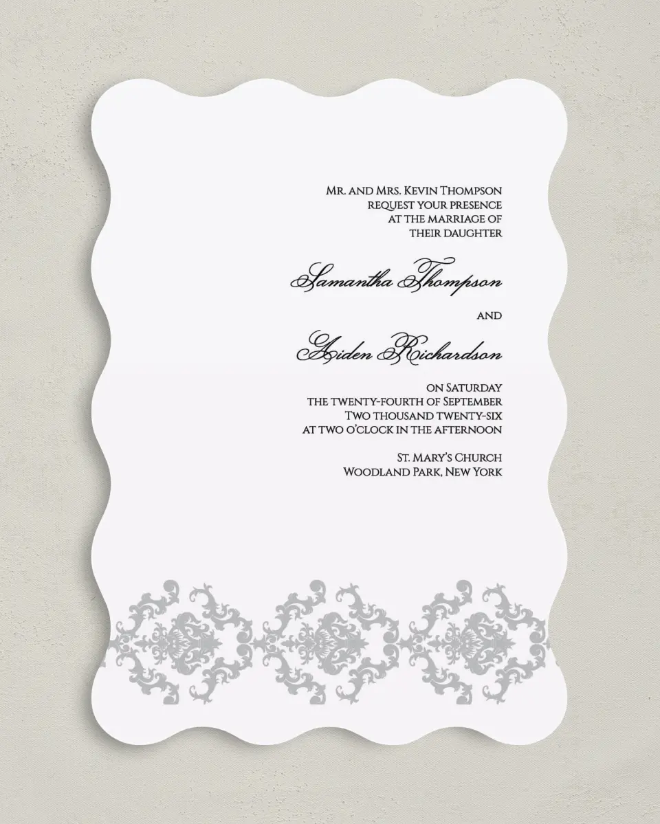 This is a 5" x 7" Wavy Wedding Invitation called Damask Elegance printed in full color on Premium Smooth paper