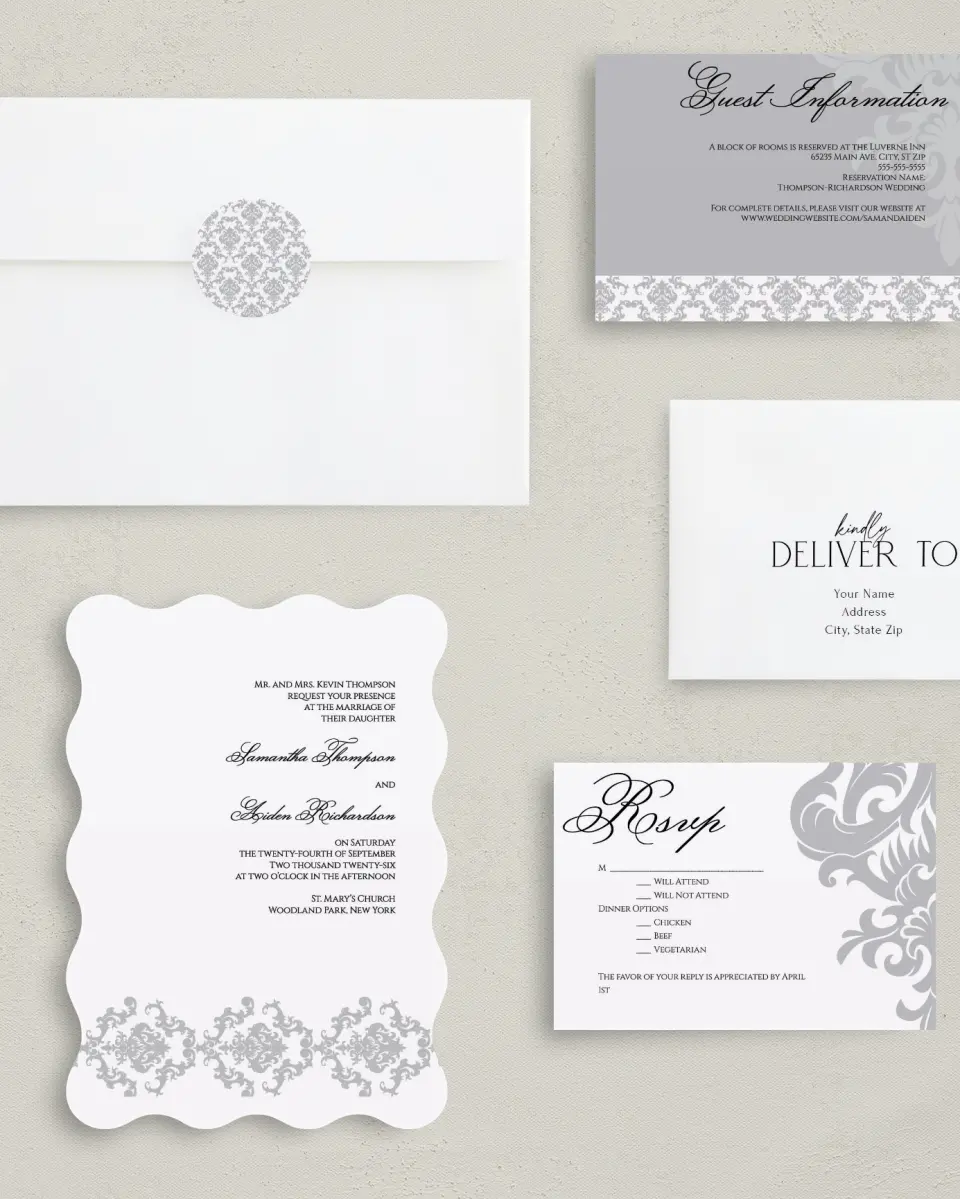 This is a 5" x 7" Wavy Wedding Invitation called Damask Elegance printed in full color with Silver foil on Luxe Satin (coated) paper