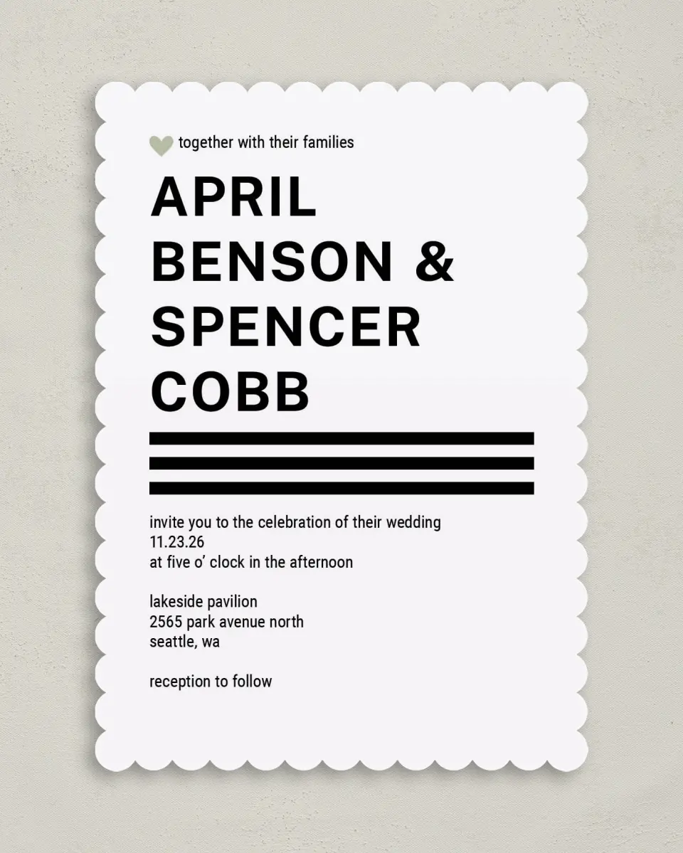 This is a 5" x 7" Classic Wedding Invitation called Modern Typography printed in full color with Gold foil on Luxe Satin (coated) paper