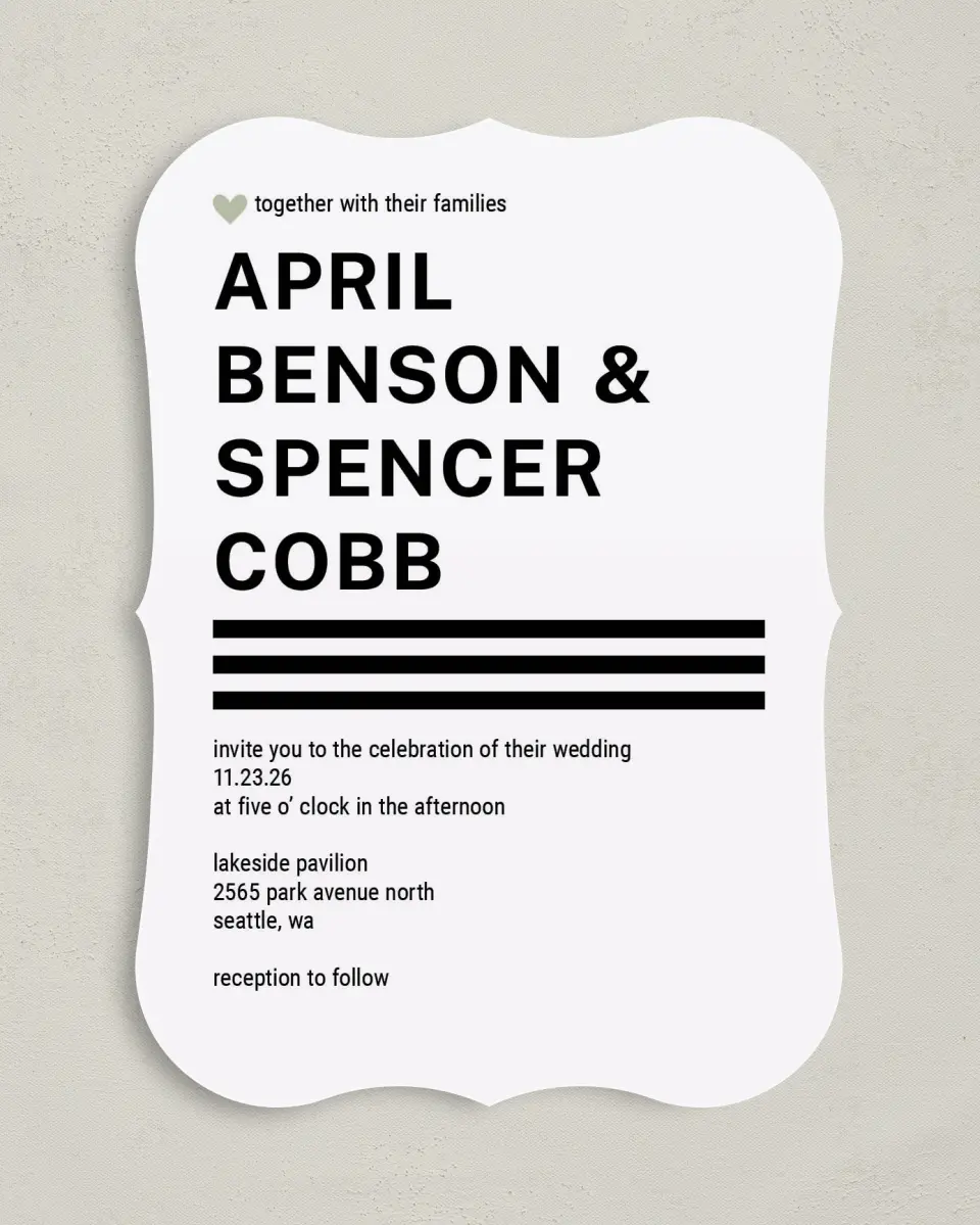 This is a 5" x 7" Bracket Wedding Invitation called Modern Typography printed in full color on Premium Smooth paper