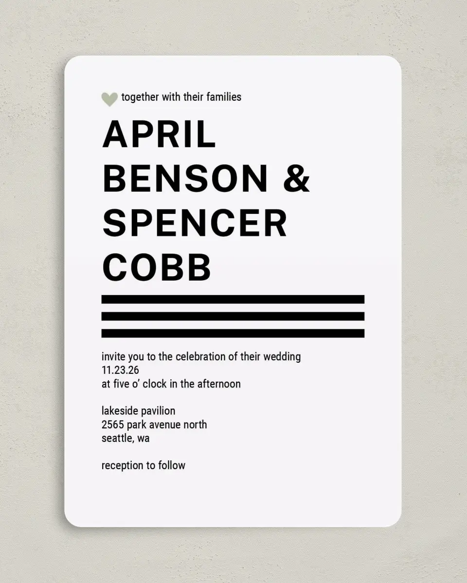 This is a 5" x 7" Rounded Wedding Invitation called Modern Typography printed in full color on Premium Smooth paper