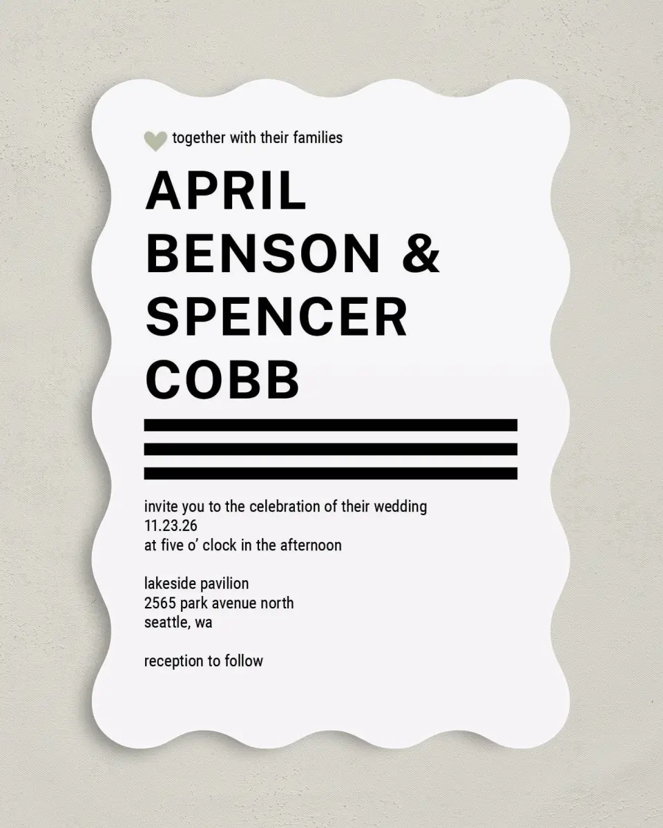 This is a 5" x 7" Wavy Wedding Invitation called Modern Typography printed in full color on Premium Smooth paper