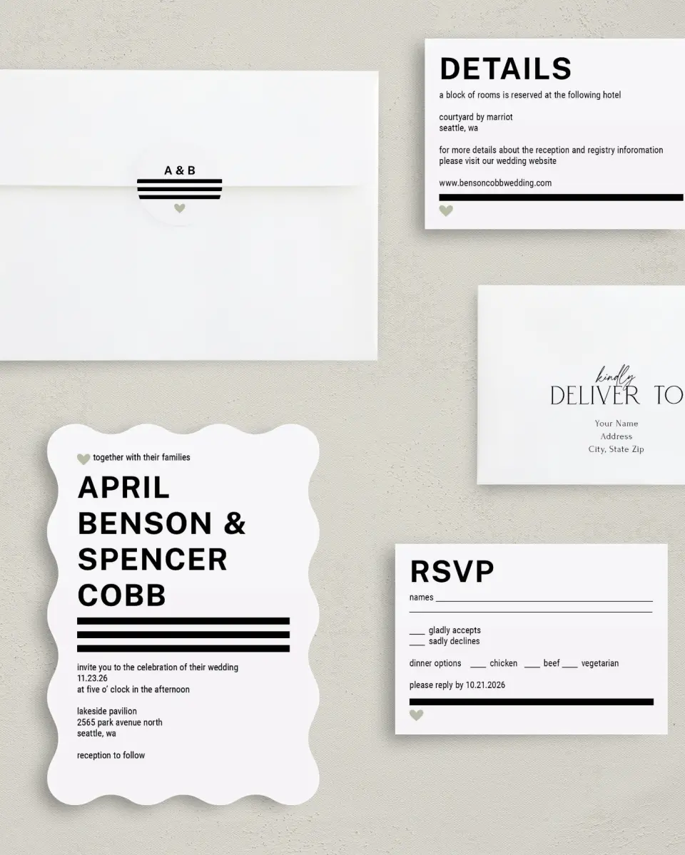 This is a 5" x 7" Wavy Wedding Invitation called Modern Typography printed in full color with Gold foil on Luxe Satin (coated) paper