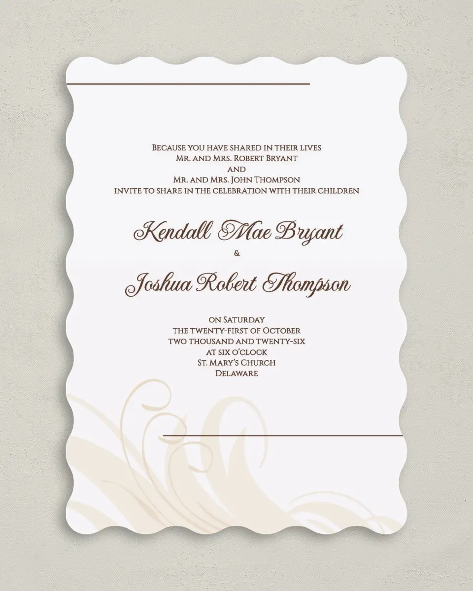 This is a 5" x 7" Wavy Wedding Invitation called Whispering Feather printed in full color on Premium Smooth paper
