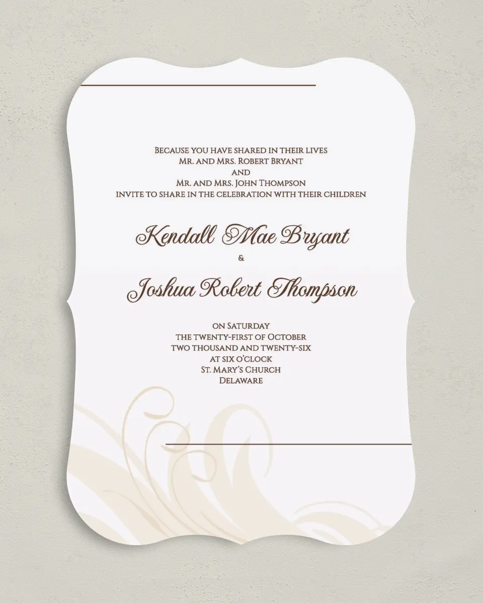 This is a 5" x 7" Bracket Wedding Invitation called Whispering Feather printed in full color on Premium Smooth paper