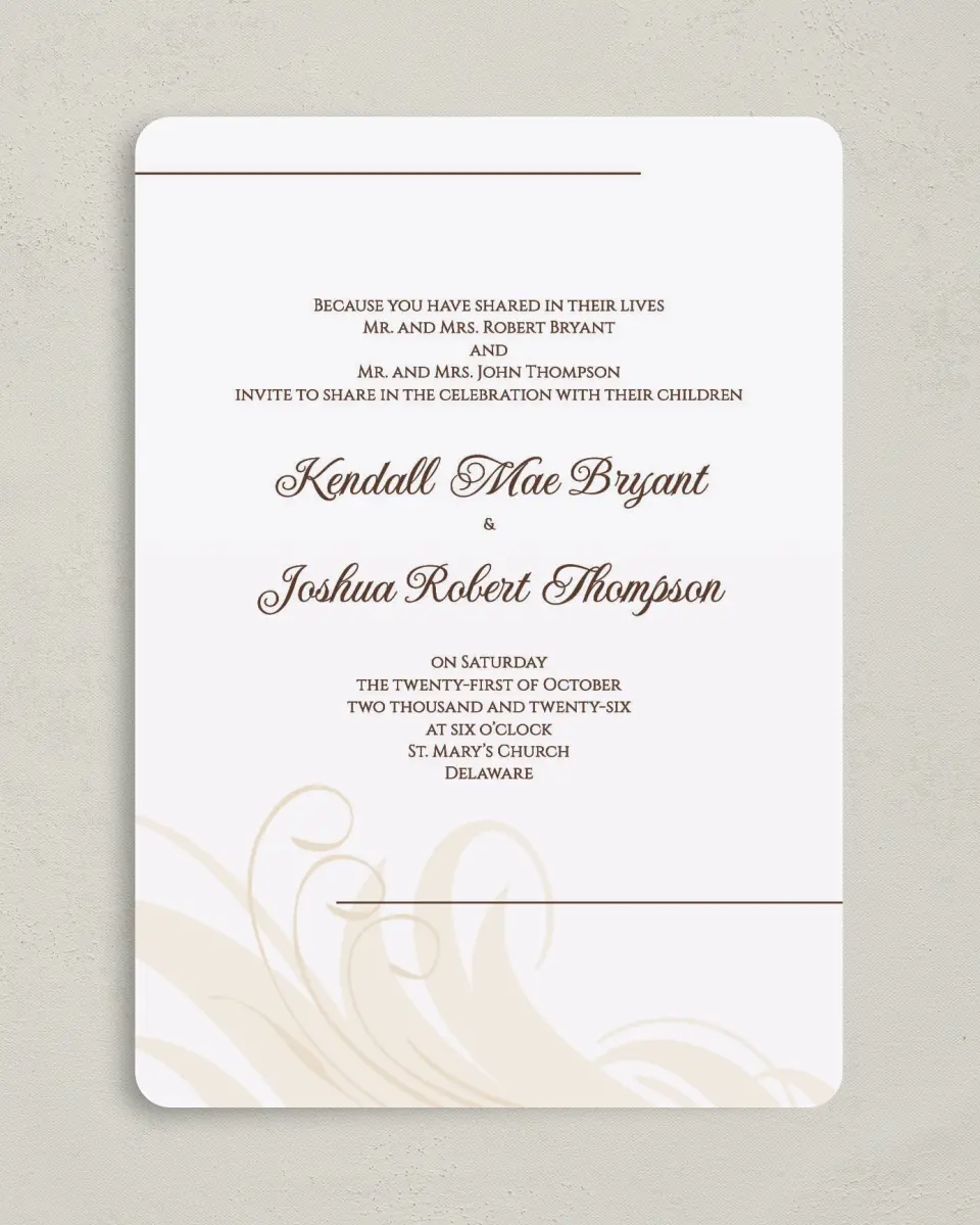 This is a 5" x 7" Rounded Wedding Invitation called Whispering Feather printed in full color on Premium Smooth paper