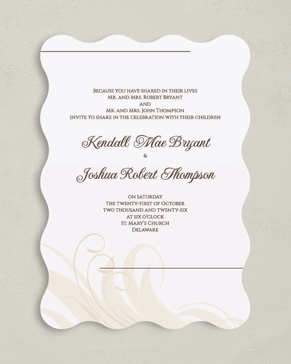 This is a 5" x 7" Wavy Wedding Invitation called Whispering Feather printed in full color on Premium Smooth paper