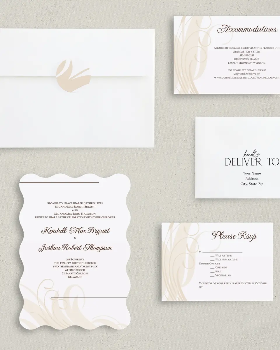 This is a 5" x 7" Wavy Wedding Invitation called Whispering Feather printed in full color with Gold foil on Luxe Satin (coated) paper