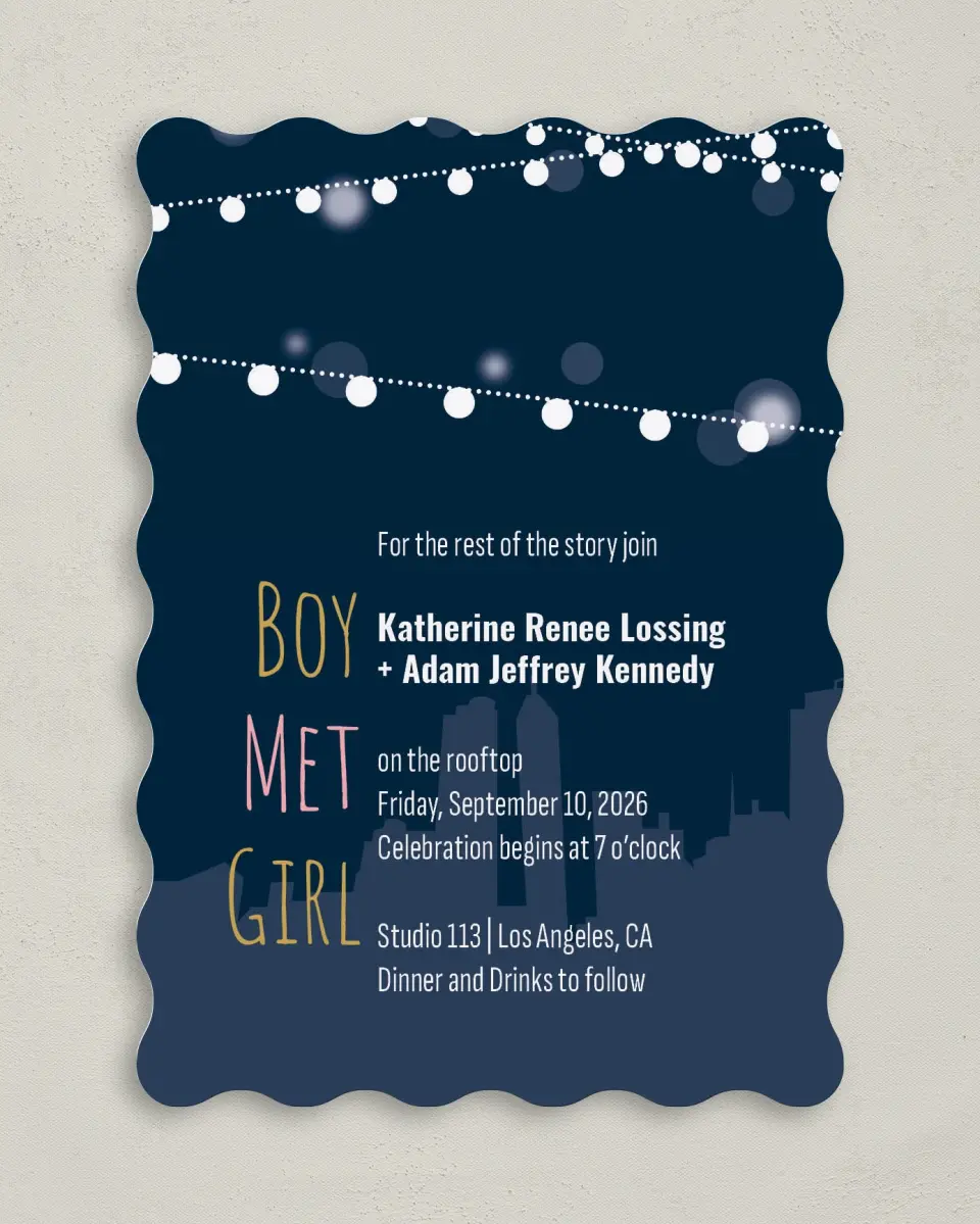 This is a 5" x 7" Wavy Wedding Invitation called Rooftop Party printed in full color on Premium Smooth paper