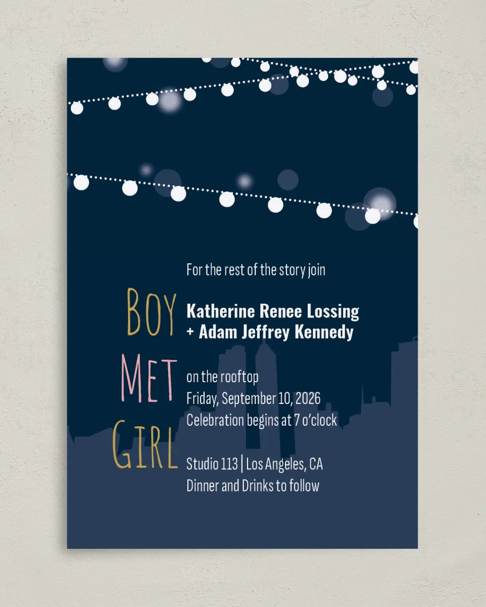 This is a 5" x 7" Classic Wedding Invitation called Rooftop Party printed in full color with Gold foil on Luxe Satin (coated) paper