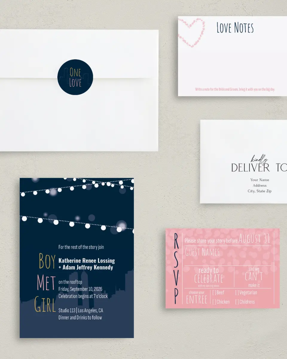 This is a 5" x 7" Classic Wedding Invitation called Rooftop Party printed in full color with Gold foil on Luxe Satin (coated) paper