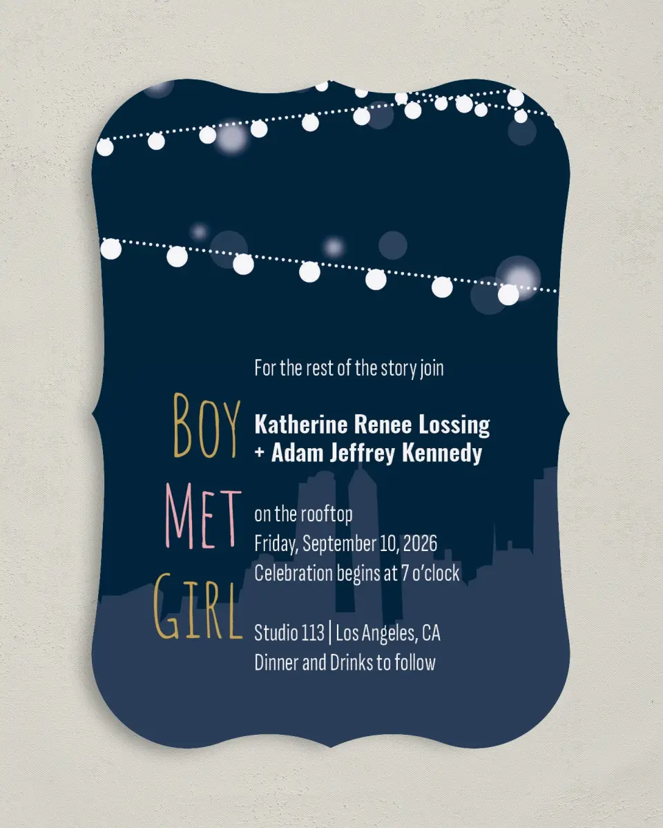This is a 5" x 7" Bracket Wedding Invitation called Rooftop Party printed in full color with Silver foil on Luxe Satin (coated) paper