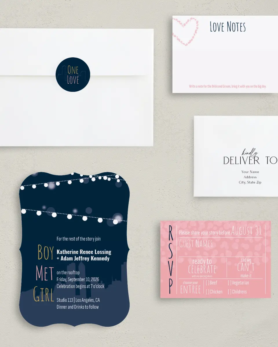 This is a 5" x 7" Bracket Wedding Invitation called Rooftop Party printed in full color with Silver foil on Luxe Satin (coated) paper