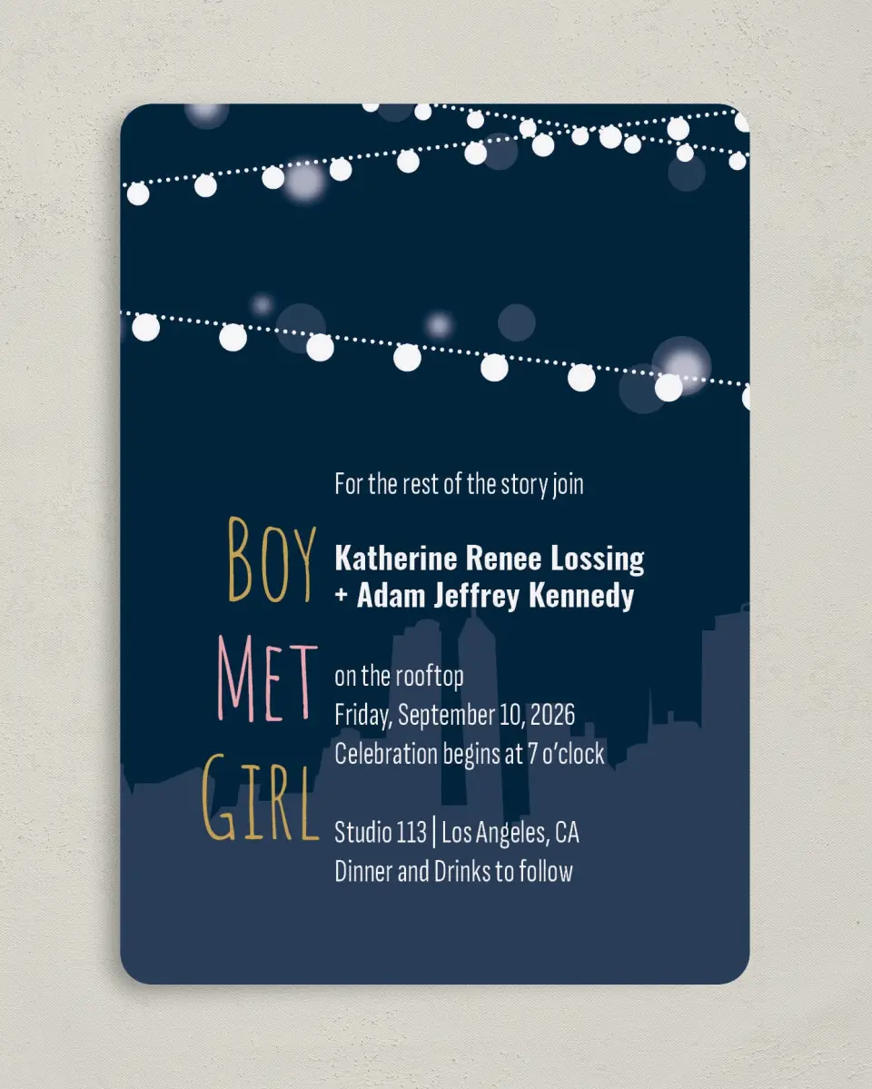 This is a 5" x 7" Rounded Wedding Invitation called Rooftop Party printed in full color on Premium Smooth paper