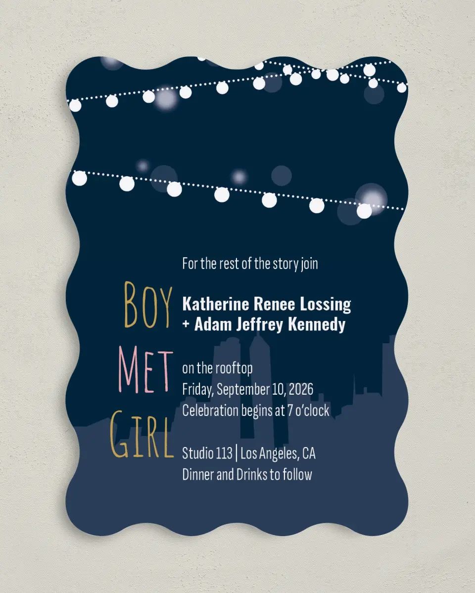 This is a 5" x 7" Wavy Wedding Invitation called Rooftop Party printed in full color on Premium Smooth paper