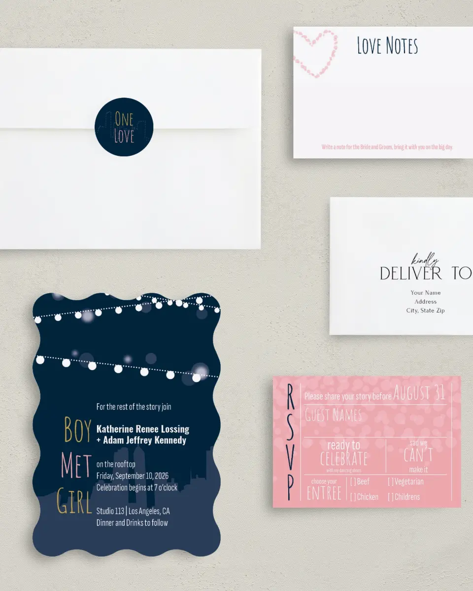 This is a 5" x 7" Wavy Wedding Invitation called Rooftop Party printed in full color with Gold foil on Luxe Satin (coated) paper