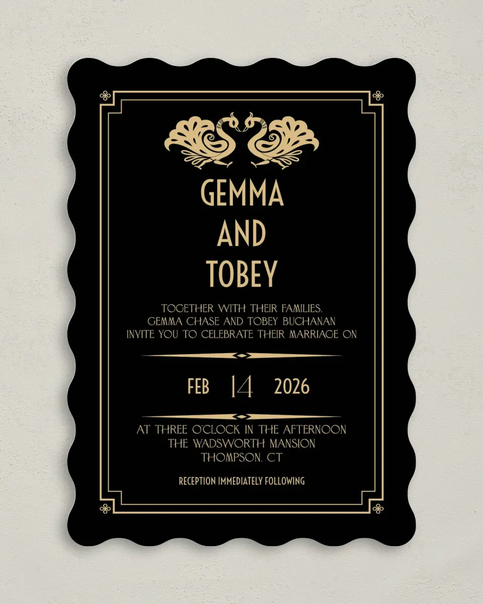 This is a 5" x 7" Wavy Wedding Invitation called Deco Glam printed in full color on Premium Smooth paper