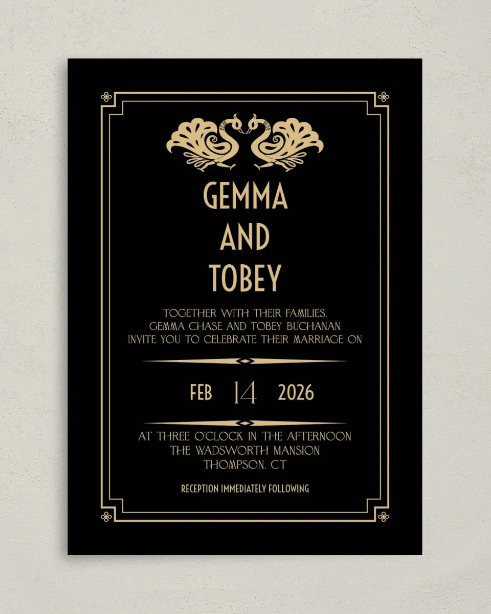 This is a 5" x 7" Classic Wedding Invitation called Deco Glam printed in full color on Premium Smooth paper