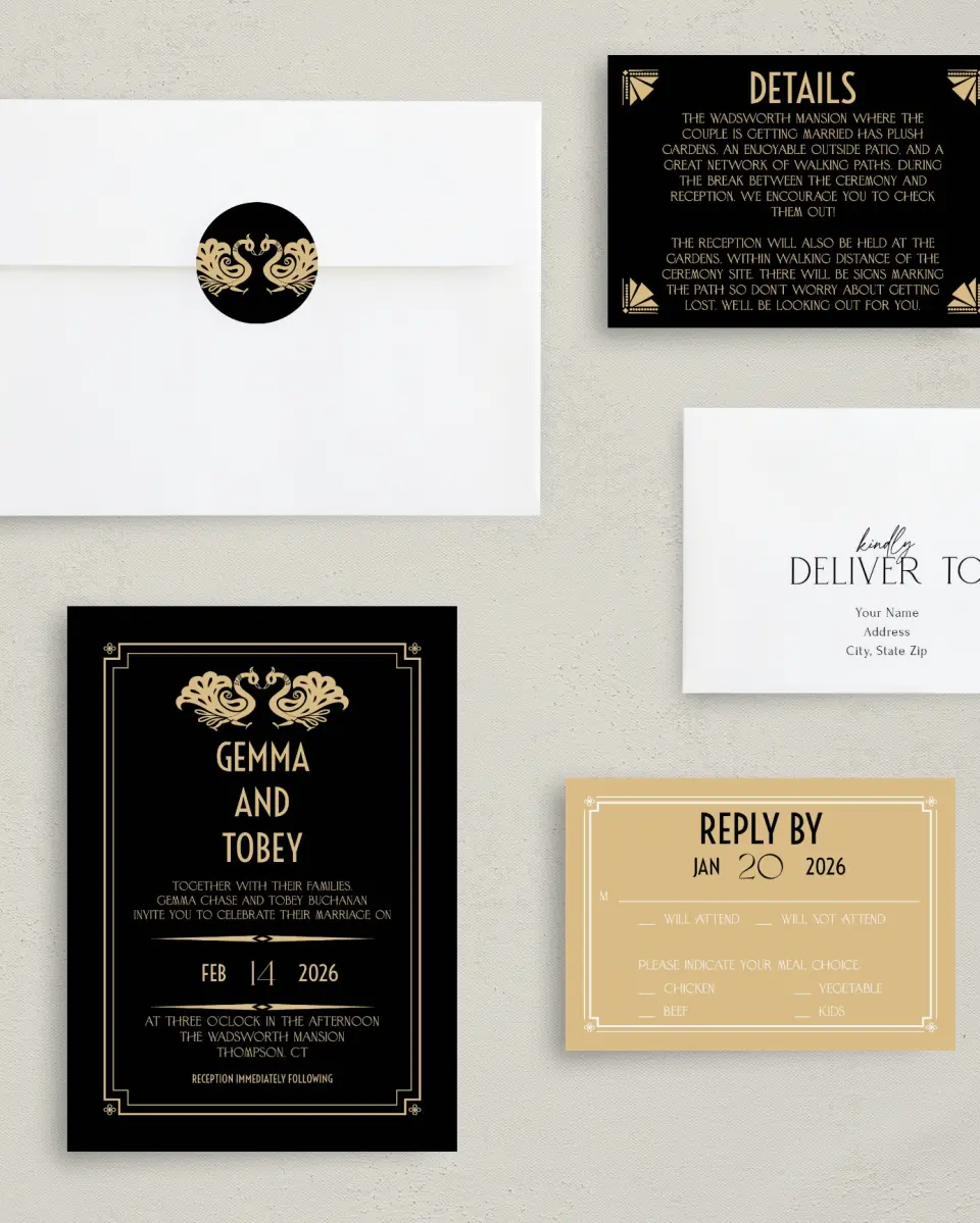 This is a 5" x 7" Classic Wedding Invitation called Deco Glam printed in full color on Premium Smooth paper