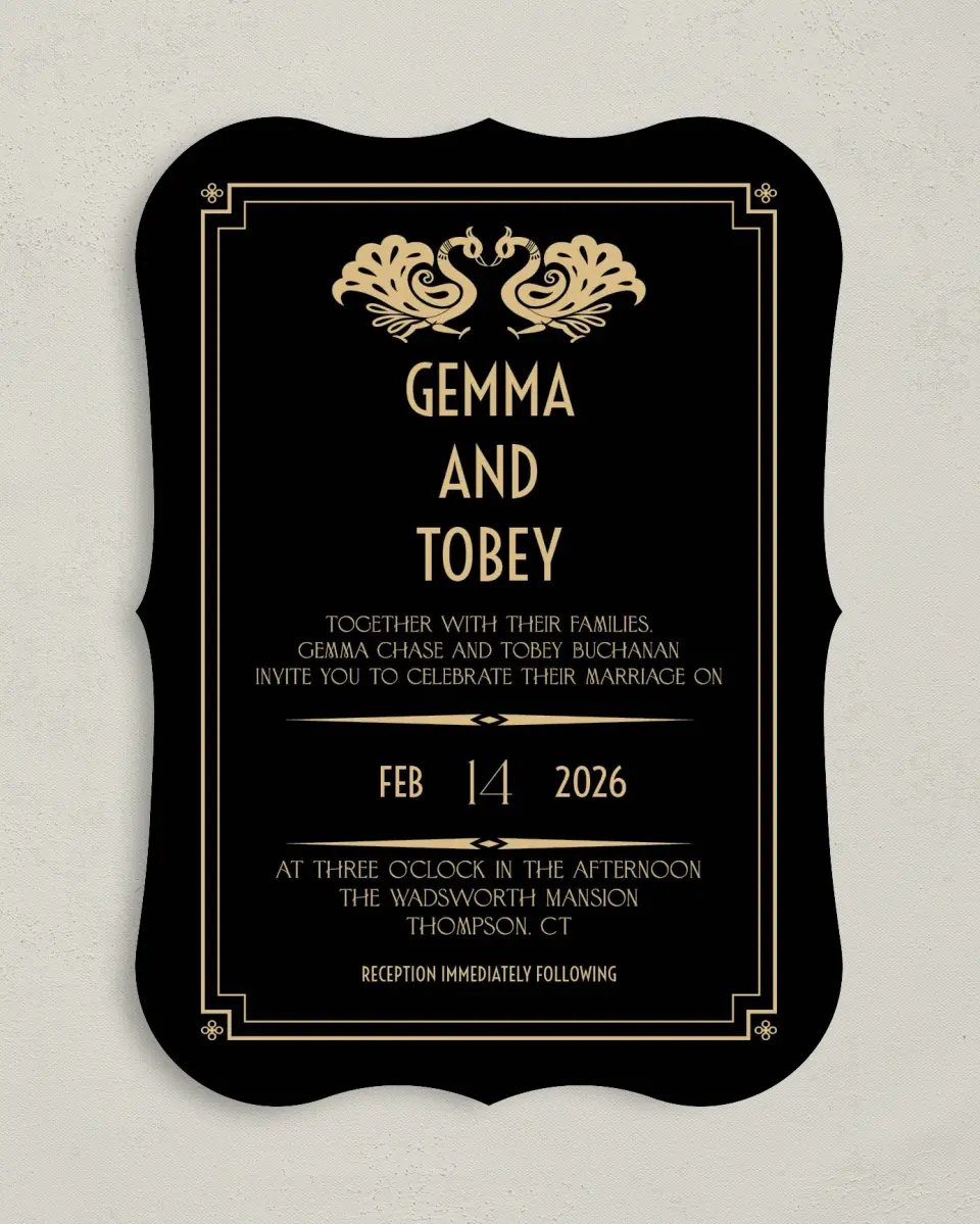 This is a 5" x 7" Bracket Wedding Invitation called Deco Glam printed in full color on Premium Smooth paper
