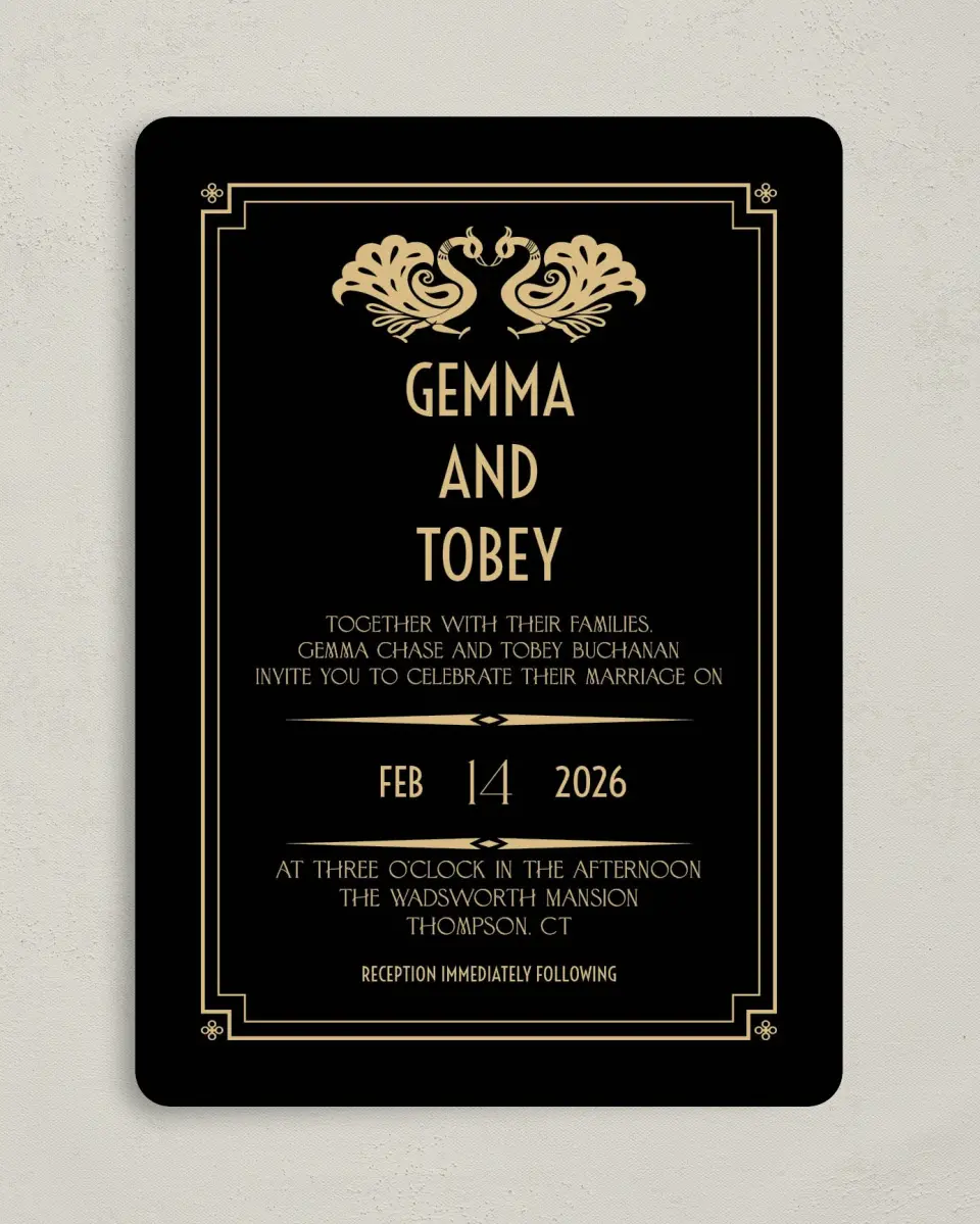 This is a 5" x 7" Rounded Wedding Invitation called Deco Glam printed in full color on Premium Smooth paper