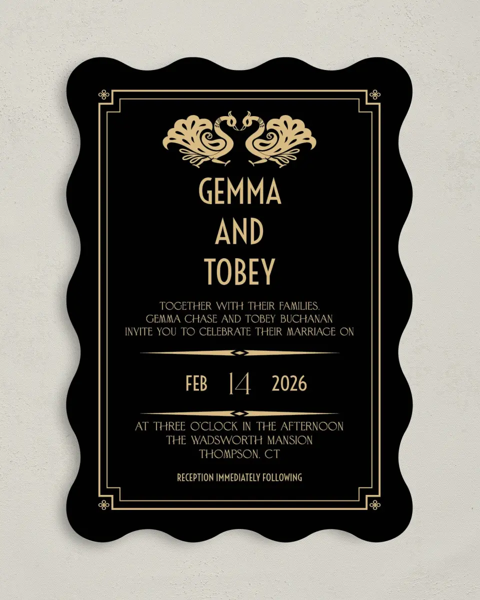 This is a 5" x 7" Wavy Wedding Invitation called Deco Glam printed in full color on Premium Smooth paper