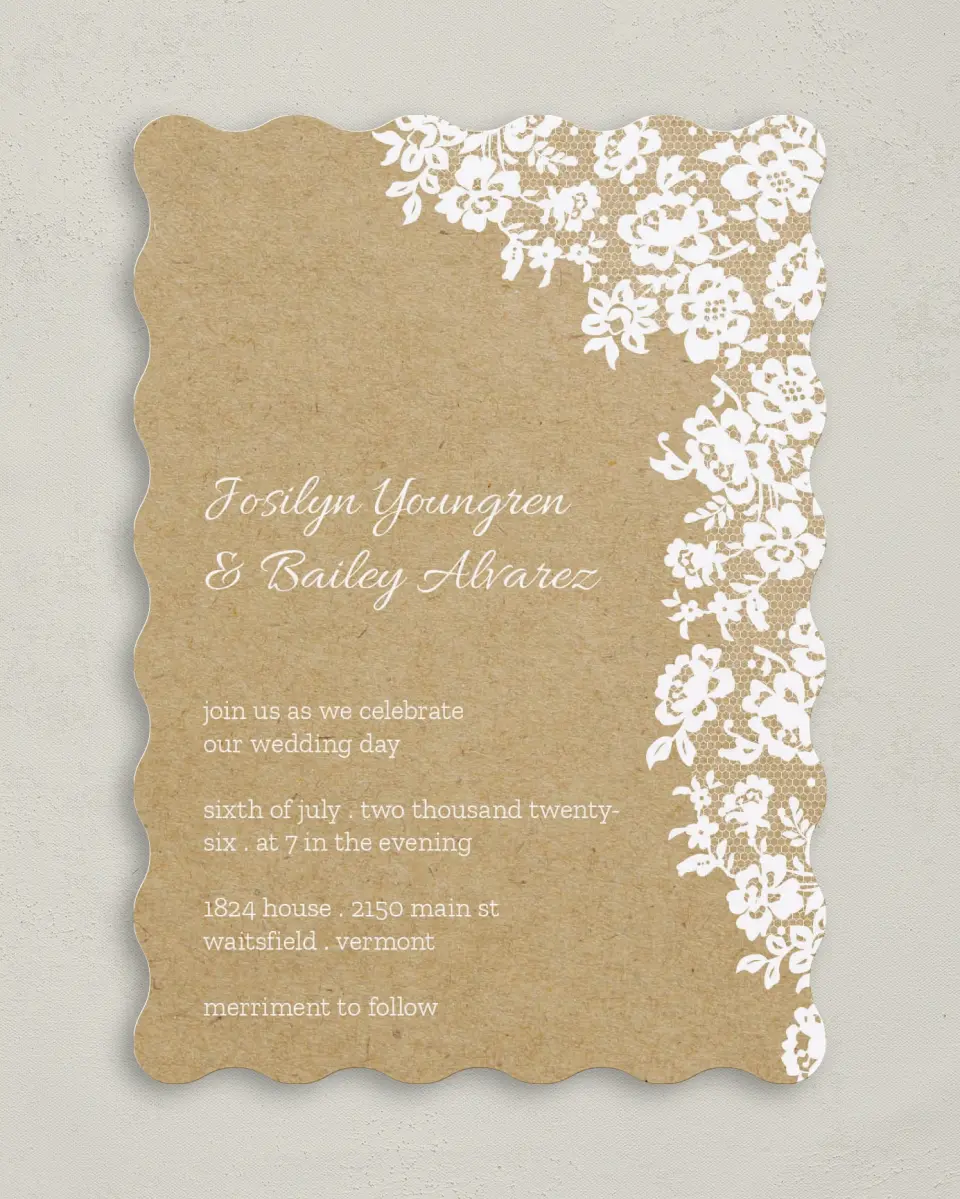 This is a 5" x 7" Wavy Wedding Invitation called Floral Lace printed in full color on Premium Smooth paper