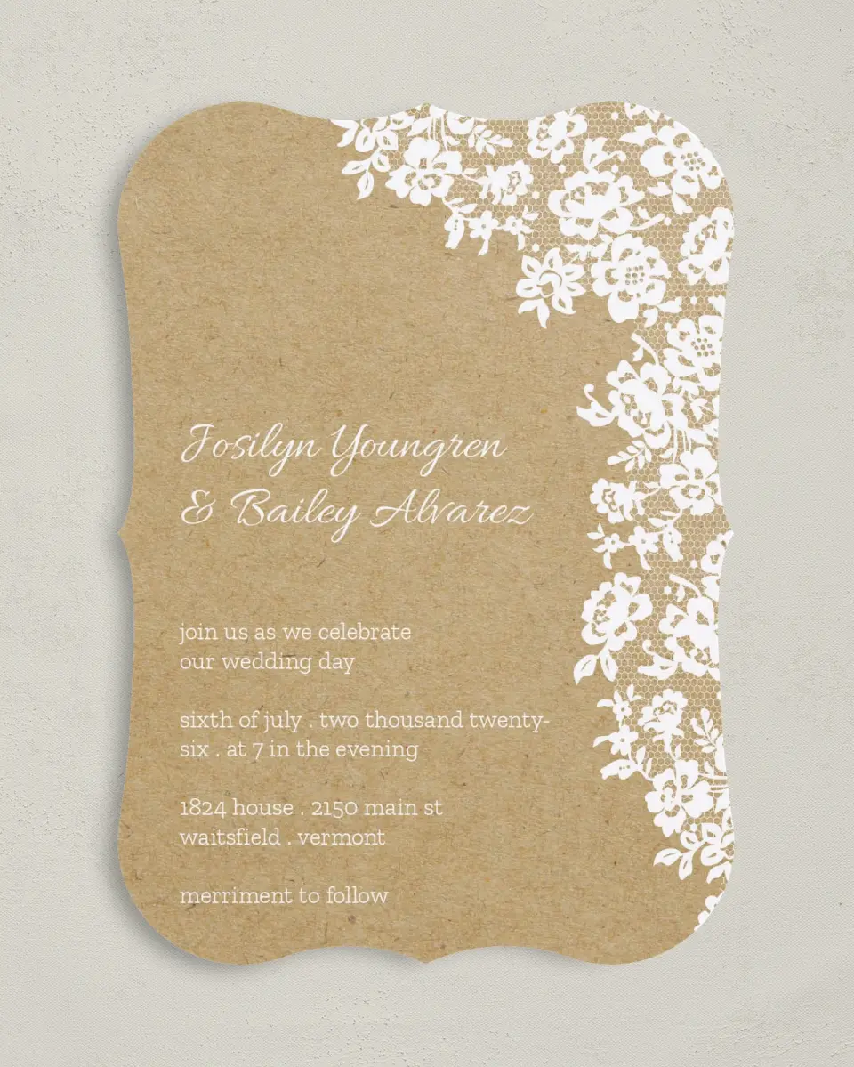 This is a 5" x 7" Bracket Wedding Invitation called Floral Lace printed in full color on Premium Smooth paper