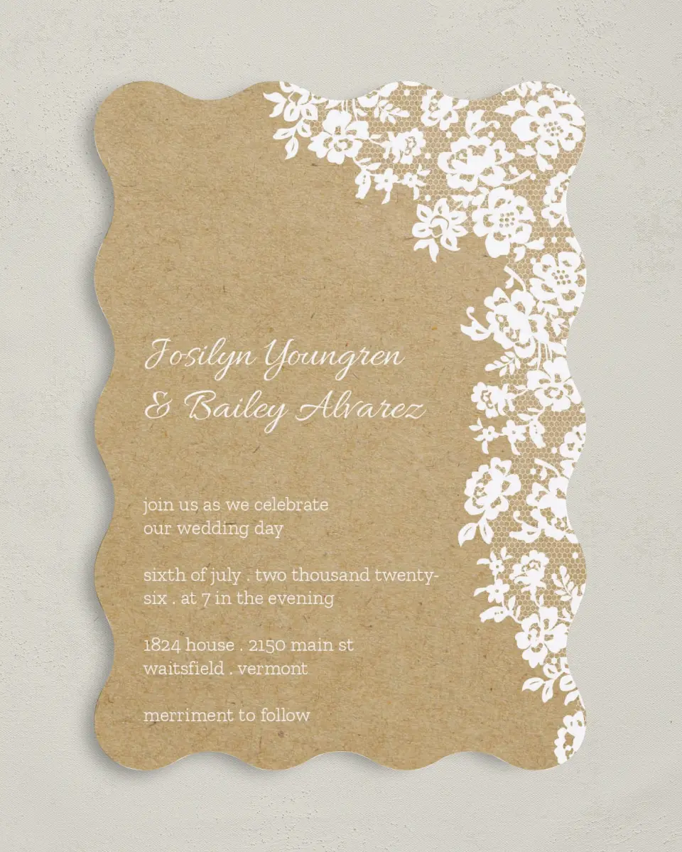 This is a 5" x 7" Wavy Wedding Invitation called Floral Lace printed in full color on Premium Smooth paper
