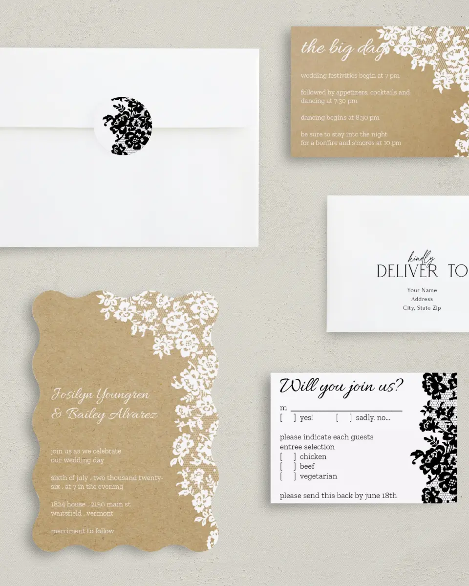 This is a 5" x 7" Wavy Wedding Invitation called Floral Lace printed in full color with Gold foil on Luxe Satin (coated) paper