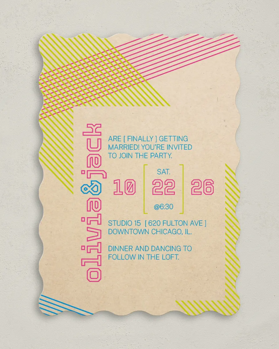 This is a 5" x 7" Wavy Wedding Invitation called Flirty Neon printed in full color on Premium Smooth paper