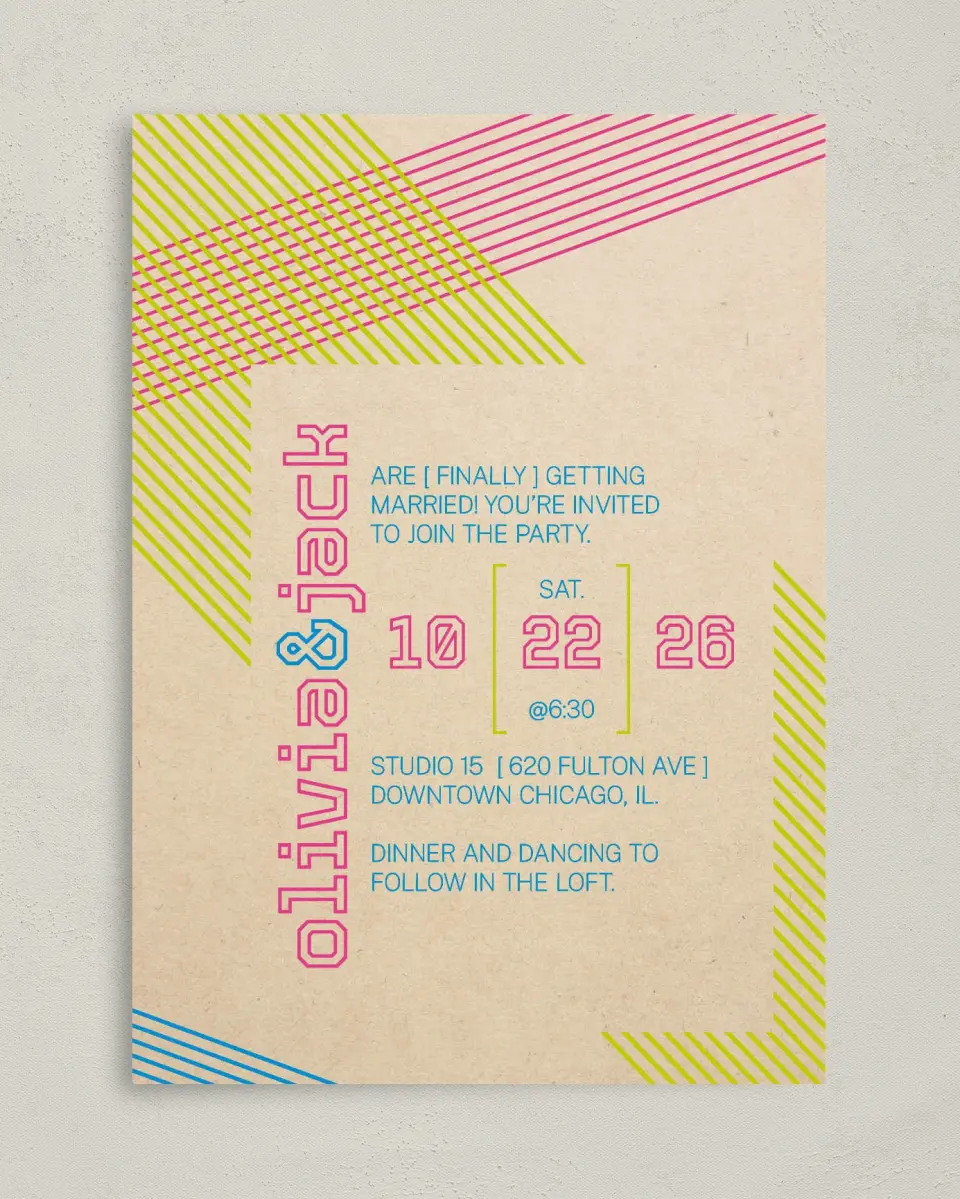 This is a 5" x 7" Classic Wedding Invitation called Flirty Neon printed in full color on Premium Smooth paper