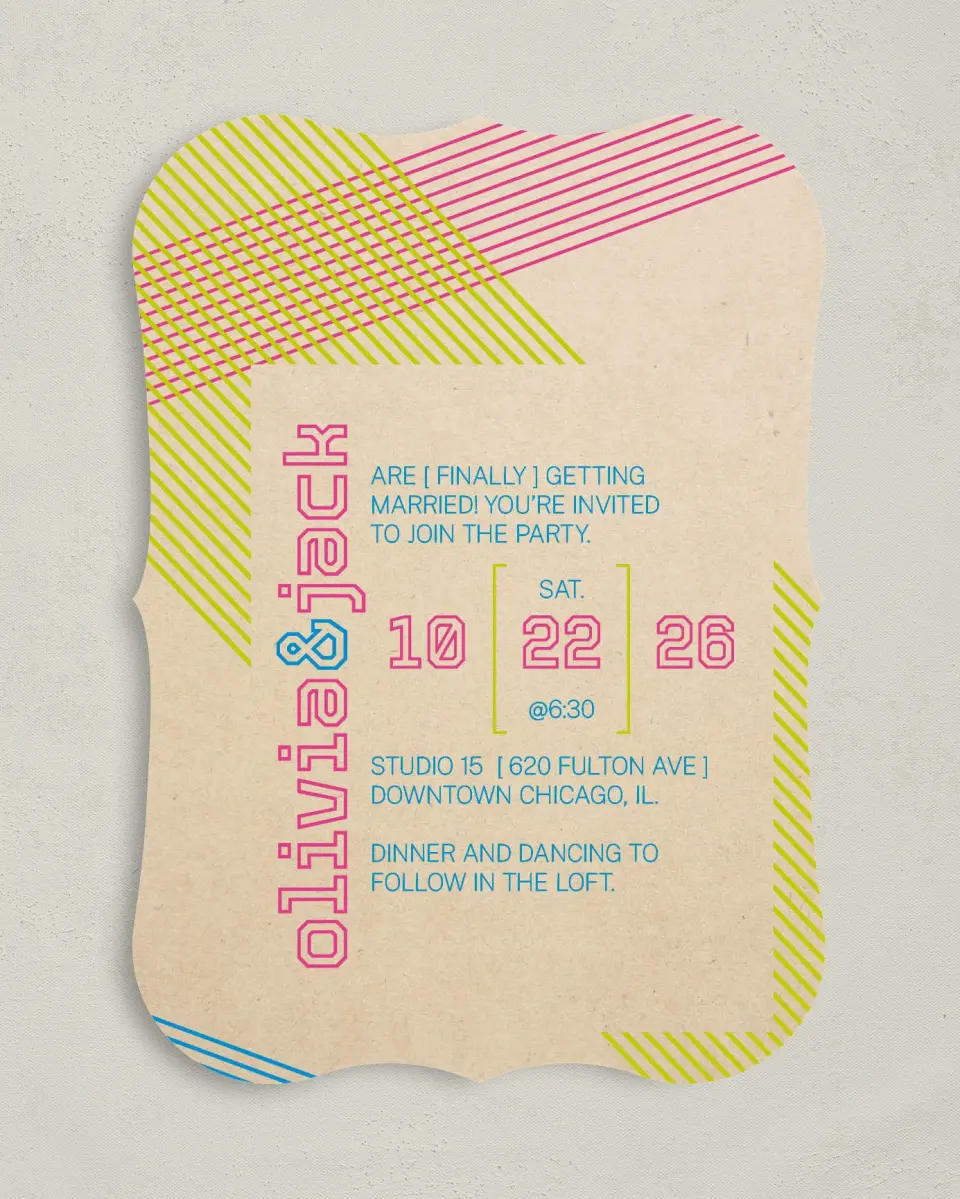 This is a 5" x 7" Bracket Wedding Invitation called Flirty Neon printed in full color on Premium Smooth paper