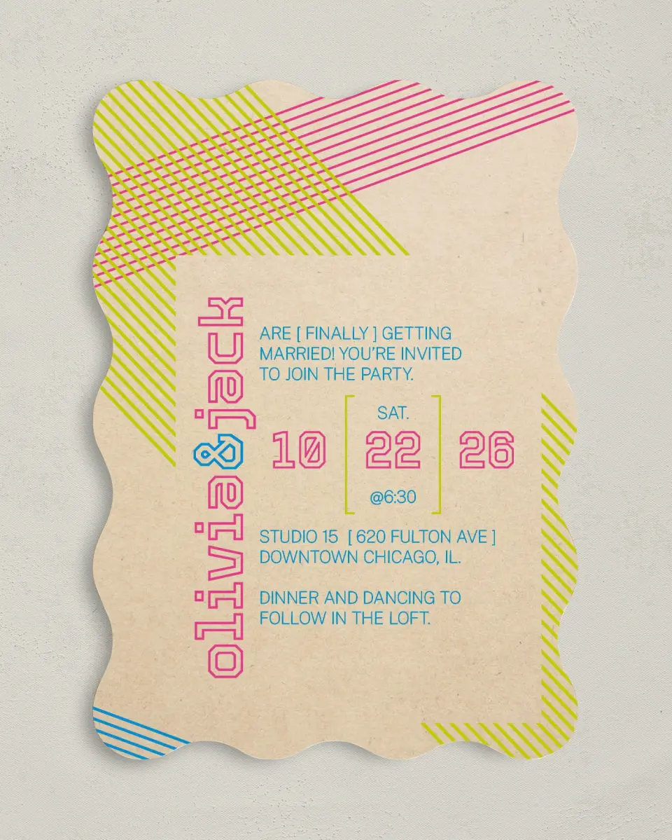 This is a 5" x 7" Wavy Wedding Invitation called Flirty Neon printed in full color with Gold foil on Luxe Satin (coated) paper