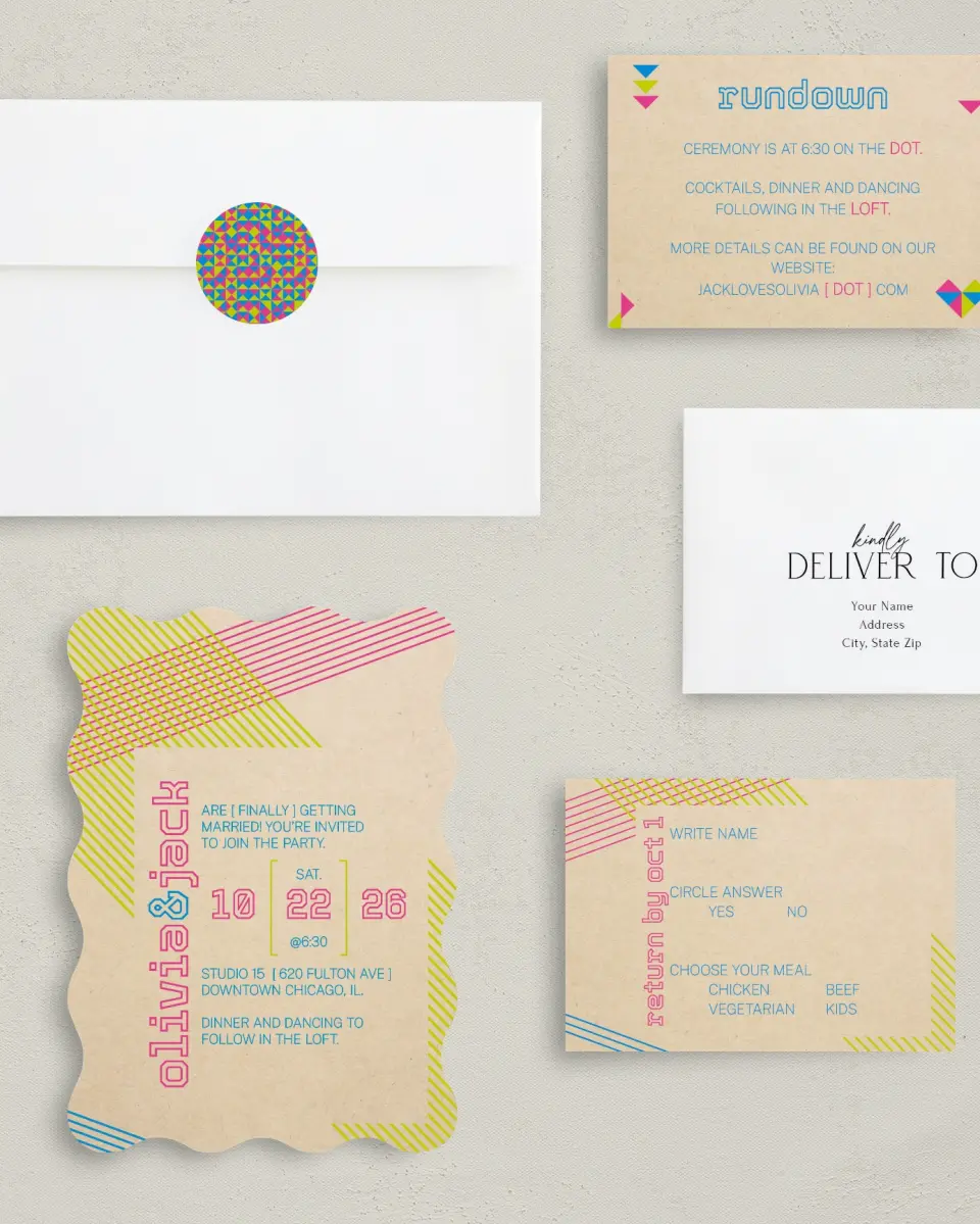 This is a 5" x 7" Wavy Wedding Invitation called Flirty Neon printed in full color with Gold foil on Luxe Satin (coated) paper
