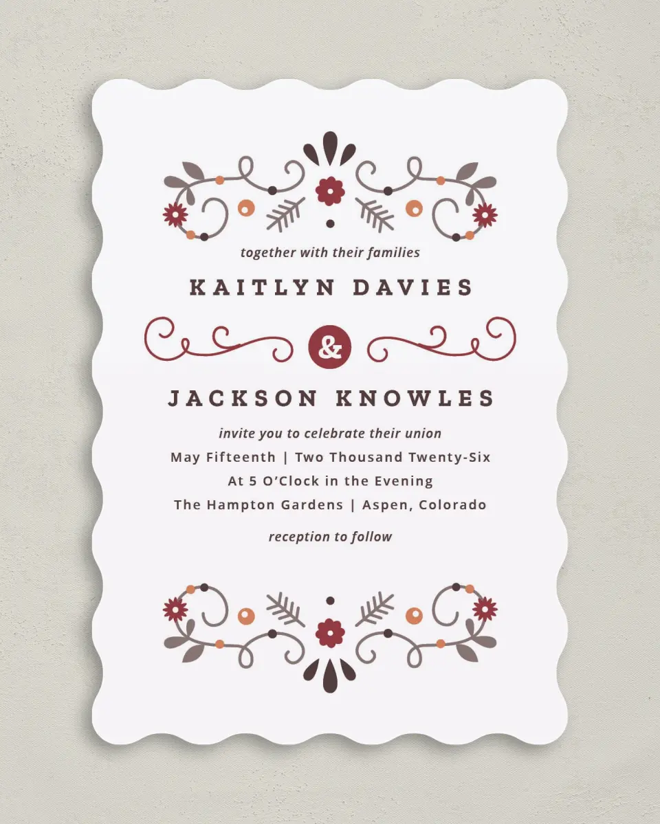 This is a 5" x 7" Wavy Wedding Invitation called Fall Treasures printed in full color on Premium Smooth paper