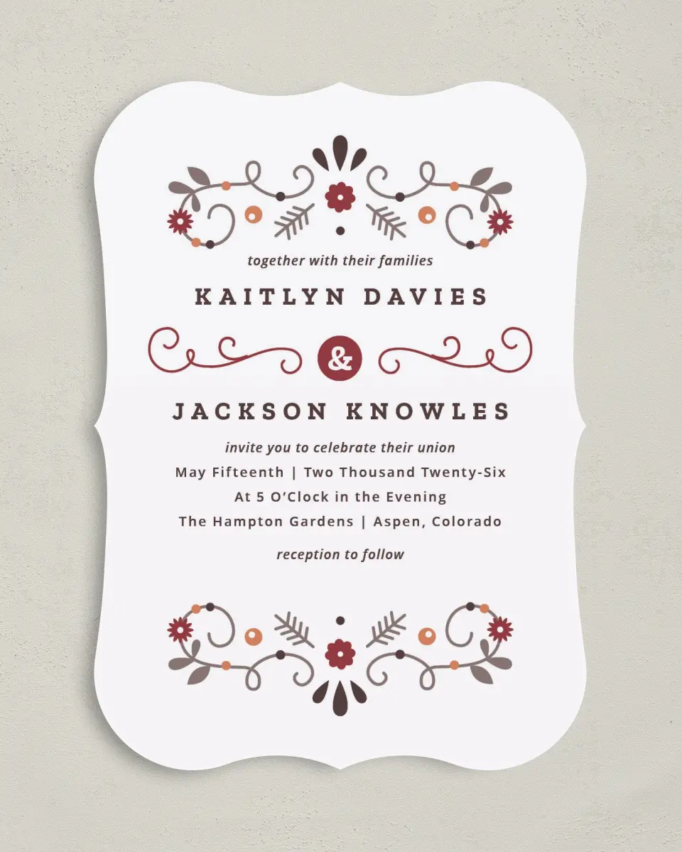 This is a 5" x 7" Bracket Wedding Invitation called Fall Treasures printed in full color on Premium Smooth paper