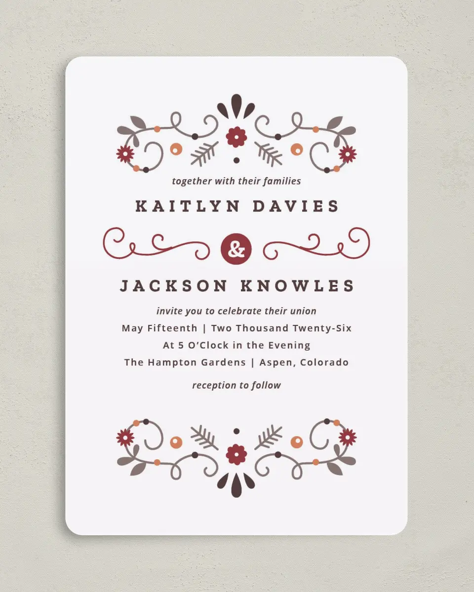 This is a 5" x 7" Rounded Wedding Invitation called Fall Treasures printed in full color on Premium Smooth paper