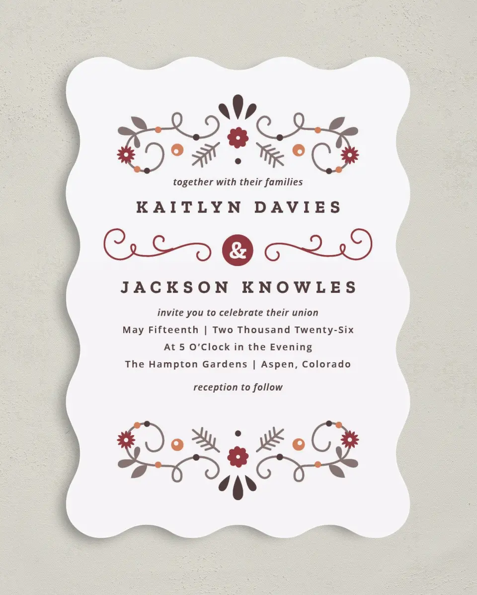 This is a 5" x 7" Wavy Wedding Invitation called Fall Treasures printed in full color with Gold foil on Luxe Satin (coated) paper