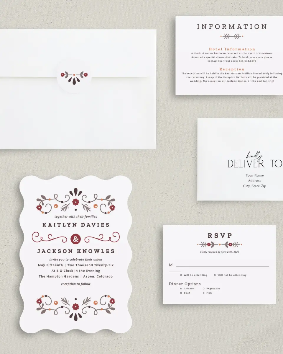 This is a 5" x 7" Wavy Wedding Invitation called Fall Treasures printed in full color with Gold foil on Luxe Satin (coated) paper