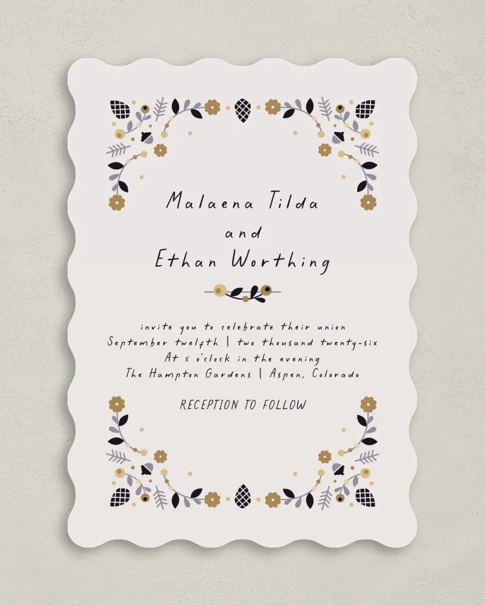 This is a 5" x 7" Wavy Wedding Invitation called An Autumn Affair printed in full color on Premium Smooth paper