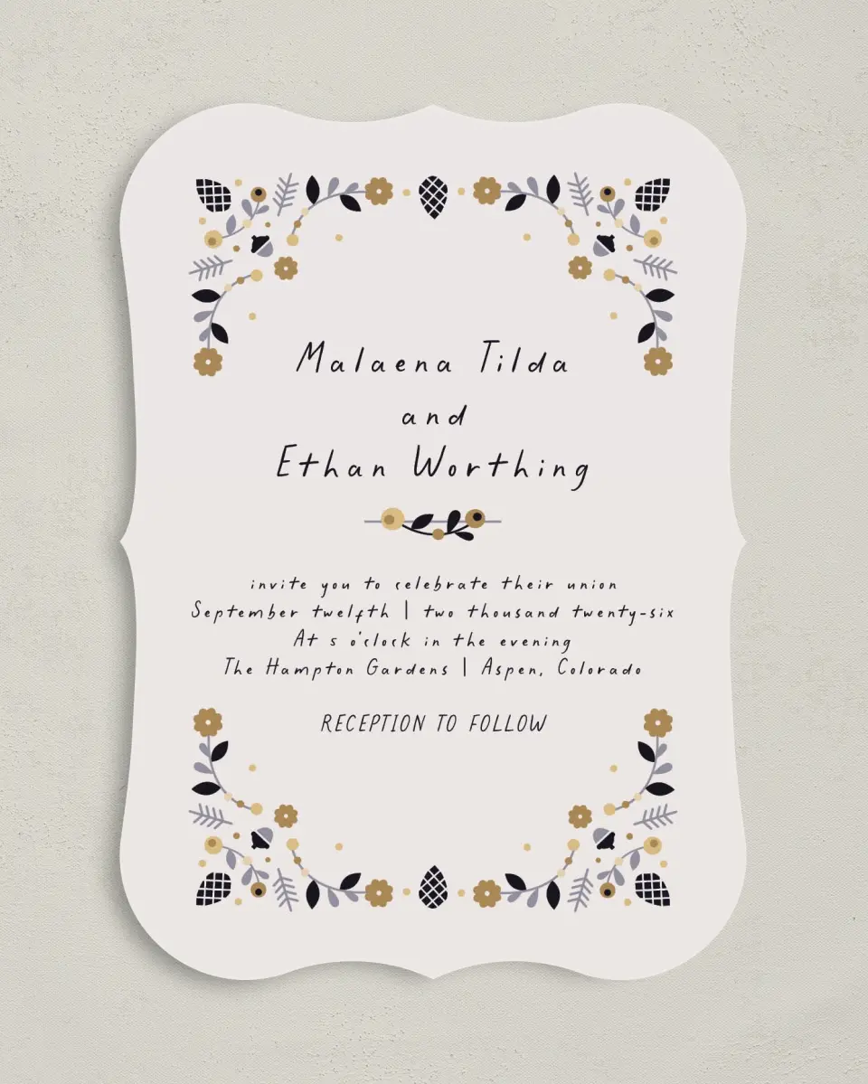 This is a 5" x 7" Bracket Wedding Invitation called An Autumn Affair printed in full color on Premium Smooth paper