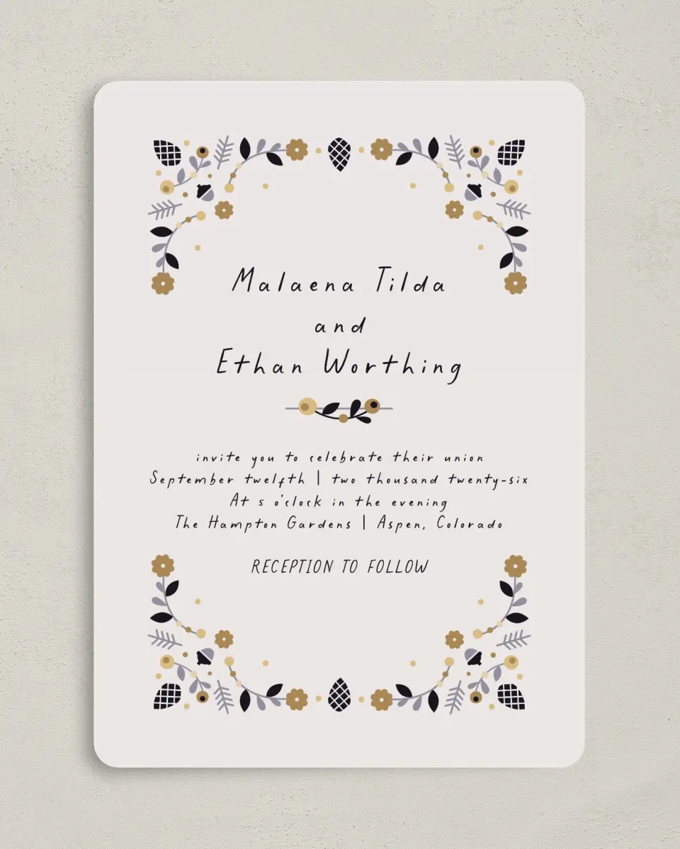 This is a 5" x 7" Rounded Wedding Invitation called An Autumn Affair printed in full color on Premium Smooth paper