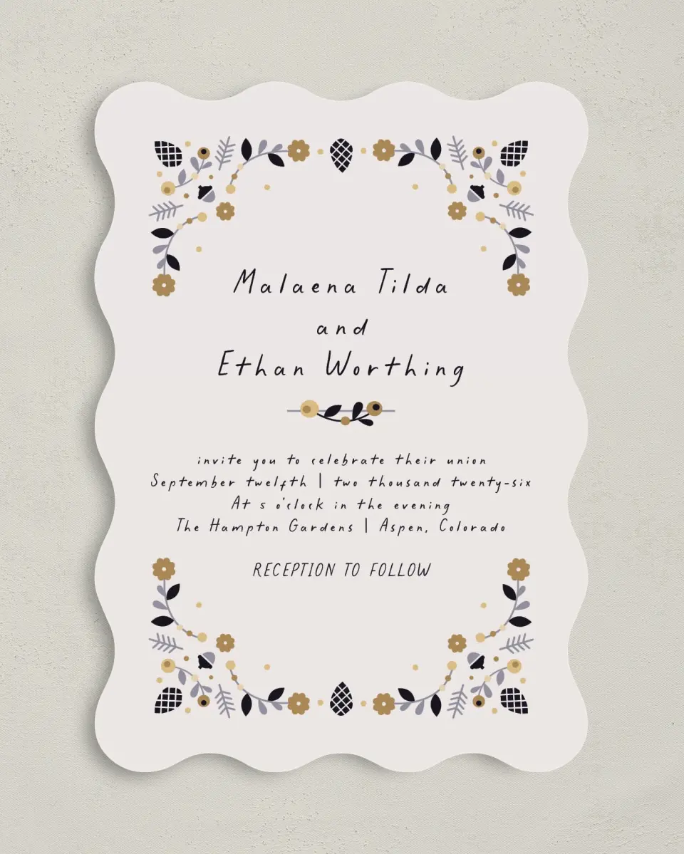 This is a 5" x 7" Wavy Wedding Invitation called An Autumn Affair printed in full color on Premium Smooth paper