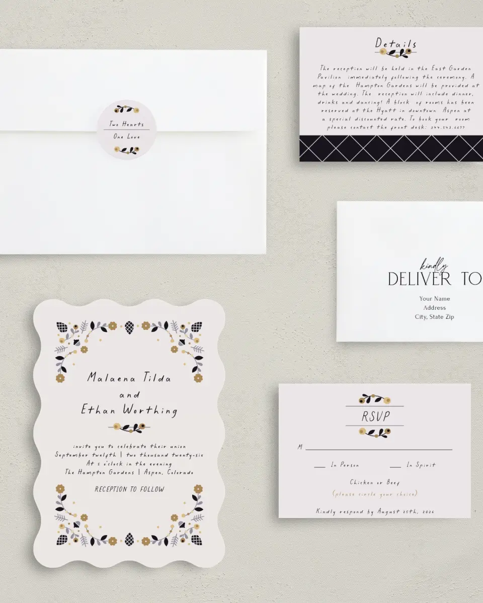 This is a 5" x 7" Wavy Wedding Invitation called An Autumn Affair printed in full color with Gold foil on Luxe Satin (coated) paper