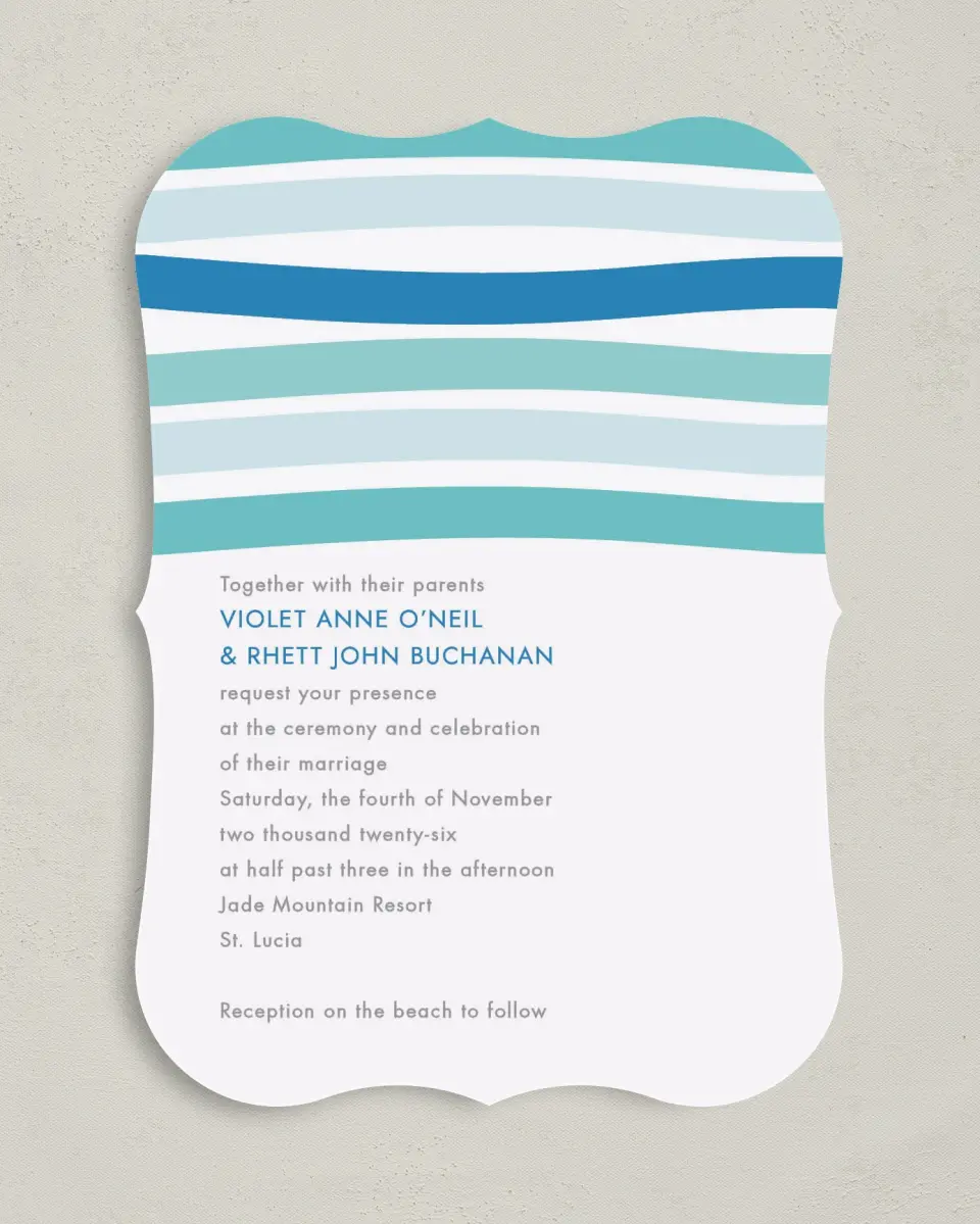 This is a 5" x 7" Bracket Wedding Invitation called Making Waves printed in full color on Premium Smooth paper